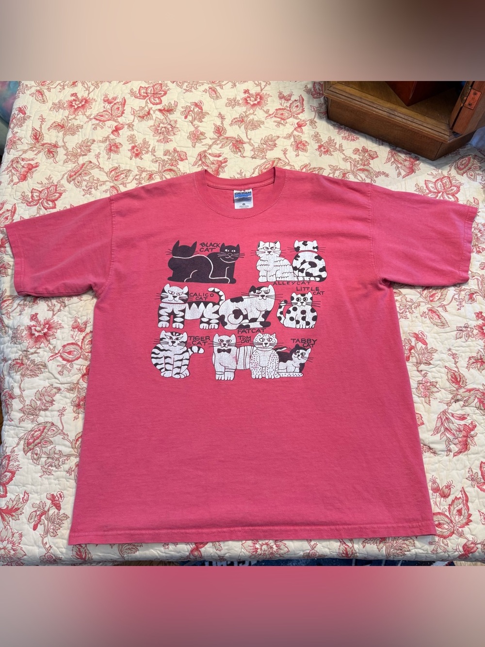 Vintage 90s Pink Cat Graphic T-Shirt with Super Cute Cat Illustrations